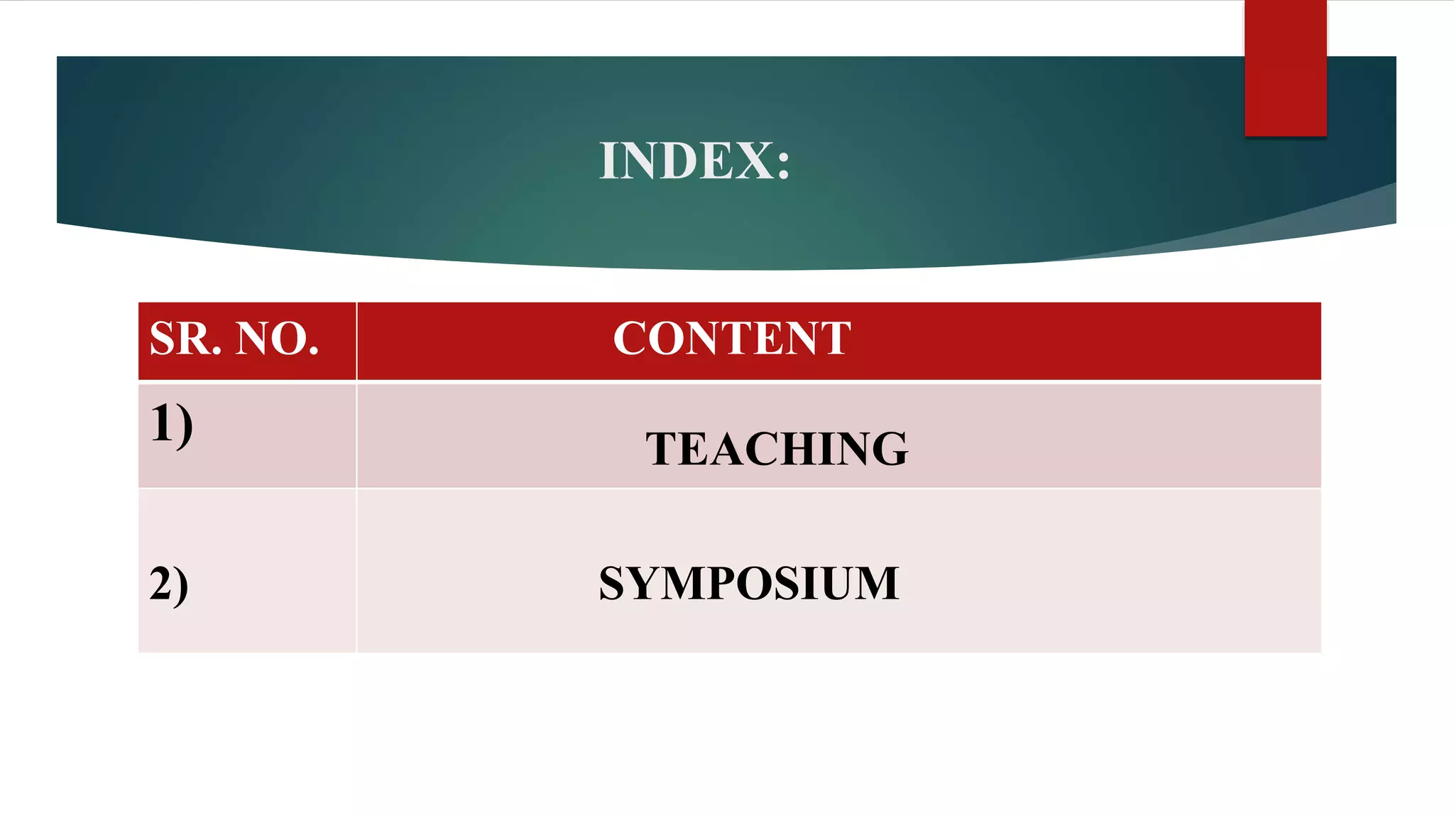 INDEX:
SR. NO. CONTENT
1) TEACHING
2) SYMPOSIUM
 