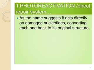 1.PHOTOREACTIVATION /direct repair system…As the name suggests it acts directly on damaged nucleotides, converting each one back to its original structure.9
