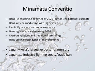 Minamata Conventio
– Bans Hg-containing batteries by 2020 (button-cell batteries exempt)
– Bans switches and relays with Hg by 2020
– Limits Hg in soaps and some cosmetics
– Bans Hg in medical devices by 2020
– Exempts religious and traditional uses of Hg
– Bans use in certain types of manufacturing
• Japan – Asia’s largest exporter of mercury
• Japanese industry fighting treaty/trade ban
14
 