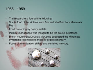 1956 - 1959
• The researchers figured the following:
• Staple food of the victims were fish and shellfish from Minamata
Bay.
• Food poisoning by heavy metals.
• Initially, manganese was thought to be the cause substance.
• British neurologist Douglas McAlpine suggested the Minamata
symptoms resembled to those of organic mercury.
• Focus of investigation shifted and centered mercury.
 