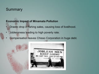 Summary
Economic Impact of Minamata Pollution
• Drastic drop in fishing sales, causing loss of livelihood.
• Joblessness leading to high poverty rate.
• Compensation leaves Chisso Corporation in huge debt.
 