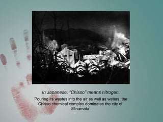 In Japanese, “Chisso” means nitrogen.
Pouring its wastes into the air as well as waters, the
Chisso chemical complex dominates the city of
Minamata.
 