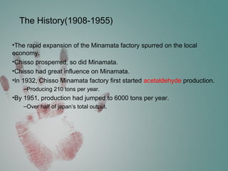 The History(1908-1955)
•The rapid expansion of the Minamata factory spurred on the local
economy.
•Chisso prosperred, so did Minamata.
•Chisso had great influence on Minamata.
•In 1932, Chisso Minamata factory first started acetaldehyde production.
–Producing 210 tons per year.
•By 1951, production had jumped to 6000 tons per year.
–Over half of japan’s total output.
 
