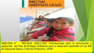 DIRECTIVAS
AMBIENTALES LOCALES
DIRECTIVA N° 002-2018- UGELC/DGP “Orientaciones para la formulación y
aplicación del Plan de Enfoque Ambiental para el desarrollo sostenible en las IIEE
de Educación Básica y Técnico Productivo -2018”
 