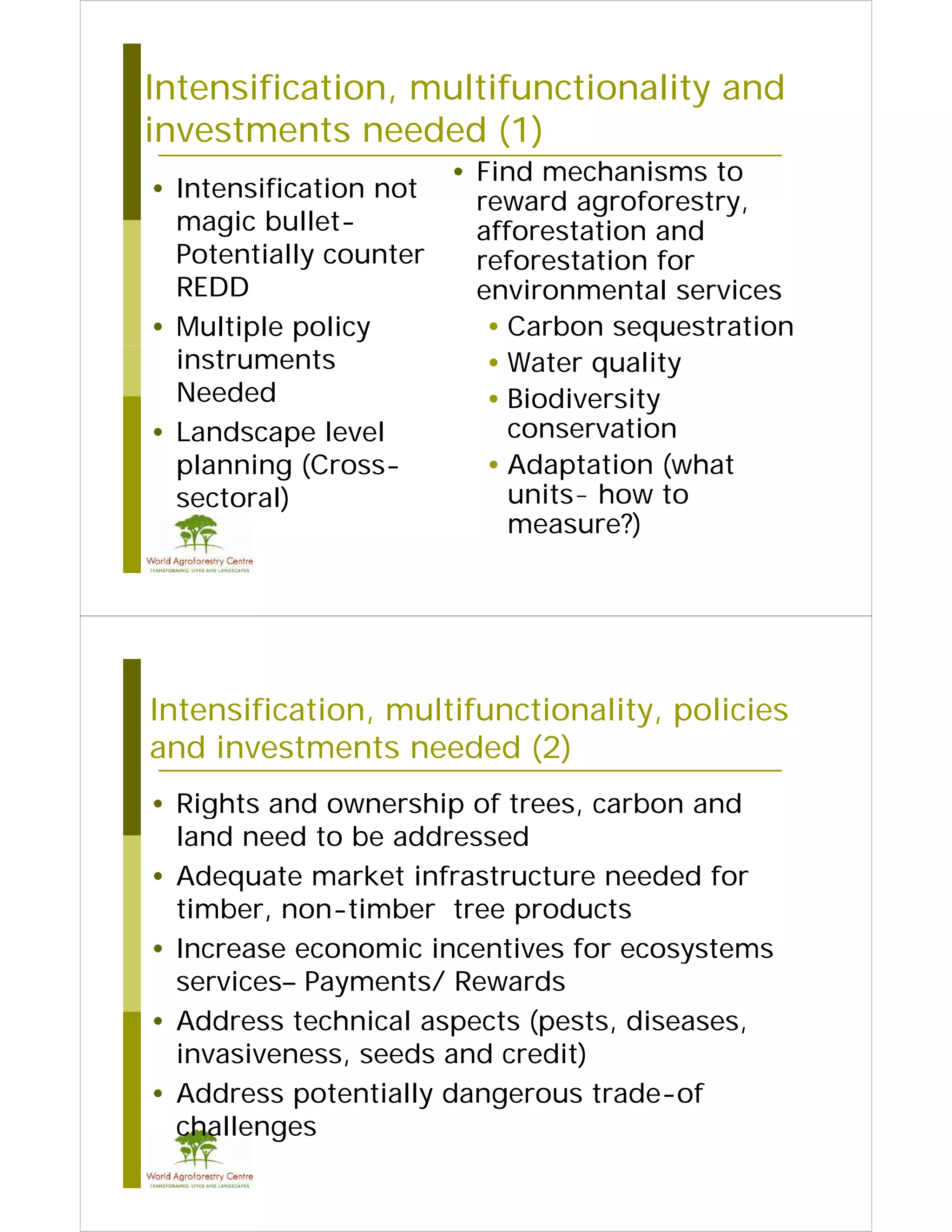 Intensification, multifunctionality and
investments needed (1)
i                d d
                        • Find mechanisms to
• Intensification not     reward agroforestry,
                                d      f    t
  magic bullet-           afforestation and
  Potentially counter     reforestation for
  REDD                    environmental services
• Multiple policy          • Carbon sequestration
  instruments              • Water quality
  Needed                   • Biodiversity
•L d
  Landscape l level
                  l          conservation
                                      ti
  planning (Cross-         • Adaptation (what
  sectoral)                  units
                             units- how to
                             measure?)




Intensification, multifunctionality, policies
and investments needed ( )
   d                  d d (2)
• Rights and ownership of trees, carbon and
  land need to be addressed
• Adequate market infrastructure needed for
      q
  timber, non-timber tree products
                                        y
• Increase economic incentives for ecosystems
  services– Payments/ Rewards
• Address technical aspects (pests, diseases,
  invasiveness, seeds and credit)
• Address potentially dangerous trade-of
  challenges
 