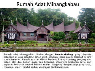 Rumah Adat Minangkabau
Rumah adat Minangkabau disebut dengan Rumah Gadang, yang biasanya
dibangun di atas sebidang tanah milik keluarga induk dalam tersebut secara
turun temurun. Rumah adat ini dibuat berbentuk empat persegi panjang dan
dibagi atas dua bagian muka dan belakang. Umumnya berbahan kayu, dan
sepintas kelihatan seperti bentuk rumah panggung dengan atap yang khas,
menonjol seperti tanduk kerbau yang biasa disebut gonjong.
 