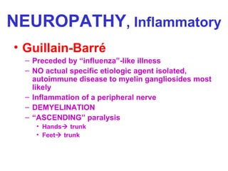 NEUROPATHY, Inflammatory
• Guillain-Barré
– Preceded by “influenza”-like illness
– NO actual specific etiologic agent isolated,
autoimmune disease to myelin gangliosides most
likely
– Inflammation of a peripheral nerve
– DEMYELINATION
– “ASCENDING” paralysis
• Hands trunk
• Feet trunk

 