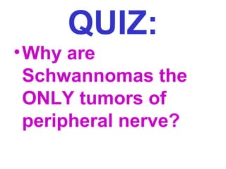 QUIZ:
• Why are
Schwannomas the
ONLY tumors of
peripheral nerve?

 