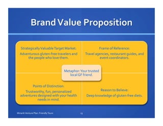 Strategically	
  Valuable	
  Target	
  Market:	
  
Adventurous	
  gluten-­‐free	
  travelers	
  and	
  
the	
  people	
  who	
  love	
  them.	
  
Frame	
  of	
  Reference:	
  
Travel	
  agencies,	
  restaurant	
  guides,	
  and	
  
event	
  coordinators.	
  
Points	
  of	
  Distinction:	
  
Trustworthy,	
  fun,	
  personalized	
  
adventures	
  designed	
  with	
  your	
  health	
  
needs	
  in	
  mind.	
  
Reason	
  to	
  Believe:	
  
Deep	
  knowledge	
  of	
  gluten-­‐free	
  diets.	
  
Metaphor:	
  Your	
  trusted	
  
local	
  GF	
  friend.	
  
13	
  Minarik	
  Venture	
  Plan:	
  Friendly	
  Tours	
  
 