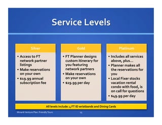 Silver	
  
• Access	
  to	
  FT	
  
network	
  partner	
  
listings	
  
• Make	
  reservations	
  
on	
  your	
  own	
  
• $19.99	
  annual	
  
subscription	
  fee	
  
Gold	
  	
  
• FT	
  Planner	
  designs	
  
custom	
  itinerary	
  for	
  
you	
  featuring	
  
network	
  partners	
  
• Make	
  reservations	
  
on	
  your	
  own	
  
• $29.99	
  per	
  day	
  
Platinum	
  	
  
• Includes	
  all	
  services	
  
above,	
  plus…	
  	
  
• Planner	
  makes	
  all	
  
the	
  reservations	
  for	
  
you	
  
• Local	
  Fixer	
  stocks	
  
vacation	
  rental	
  
condo	
  with	
  food,	
  is	
  
on	
  call	
  for	
  questions	
  
• $49.99	
  per	
  day	
  
All	
  levels	
  include:	
  4	
  FT	
  ID	
  wristbands	
  and	
  Dining	
  Cards	
  
15	
  Minarik	
  Venture	
  Plan:	
  Friendly	
  Tours	
  
 