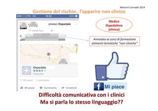 Gestione del rischio.. lGestione del rischio.. l’’apparire non clinicoapparire non clinico
MedicoMedico
OspedalieroOspedaliero
(clinico)(clinico)
Annoiato ai corsi di formazione
attinenti tematiche “non cliniche”
Minarini-Corradin 2014
Difficoltà comunicativa con i cliniciDifficoltà comunicativa con i clinici
Ma si parla lo stesso linguaggio??Ma si parla lo stesso linguaggio??
 