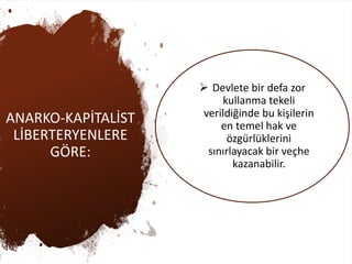 ANARKO-KAPİTALİST
LİBERTERYENLERE
GÖRE:
➢ Devlete bir defa zor
kullanma tekeli
verildiğinde bu kişilerin
en temel hak ve
özgürlüklerini
sınırlayacak bir veçhe
kazanabilir.
 