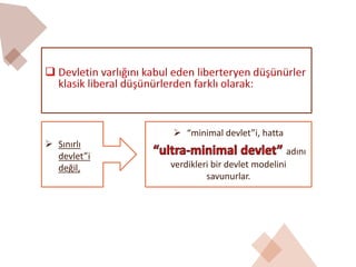 ➢ Sınırlı
devlet”i
değil,
değil
➢ “minimal devlet”i, hatta
adını
verdikleri bir devlet modelini
savunurlar.
 