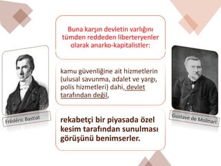 Buna karşın devletin varlığını
tümden reddeden liberteryenler
olarak anarko-kapitalistler:
kamu güvenliğine ait hizmetlerin
(ulusal savunma, adalet ve yargı,
polis hizmetleri) dahi, devlet
tarafından değil,
rekabetçi bir piyasada özel
kesim tarafından sunulması
görüşünü benimserler.
 
