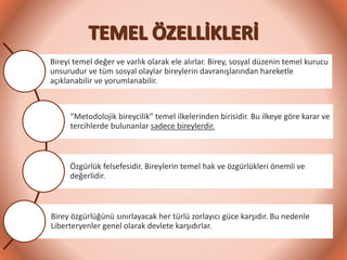 Bireyi temel değer ve varlık olarak ele alırlar. Birey, sosyal düzenin temel kurucu
unsurudur ve tüm sosyal olaylar bireylerin davranışlarından hareketle
açıklanabilir ve yorumlanabilir.
“Metodolojik bireycilik” temel ilkelerinden birisidir. Bu ilkeye göre karar ve
tercihlerde bulunanlar sadece bireylerdir.
Özgürlük felsefesidir. Bireylerin temel hak ve özgürlükleri önemli ve
değerlidir.
Birey özgürlüğünü sınırlayacak her türlü zorlayıcı güce karşıdır. Bu nedenle
Liberteryenler genel olarak devlete karşıdırlar.
 