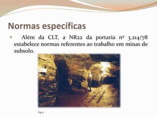 Normas específicas
 Além da CLT, a NR22 da portaria nº 3.214/78
estabelece normas referentes ao trabalho em minas de
subsolo.
Fig.10
 