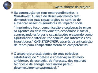 Na consecução de seus empreendimentos, a MinasInvest Aliança de Desenvolvimento tem demonstrado suas capacitações no sentido de alavancar negócios geradores de impacto social “ imprimindo foco, comunicação e colaboração entre os agentes do desenvolvimento econômico e social , congregando esforços e capacitações e atuando como aglutinador e interlocutor comum dos interesses dos investidores”  ONE-STOP-SHOP,  através da articulação de redes para compartilhamento de competências. O anteprojeto está dentro de seus objetivos estatutários de “ defesa e conservação do meio ambiente, da ecologia, de florestas, dos recursos hídricos e da energia necessários para o desenvolvimento sustentável.” Meta-síntese do projeto 