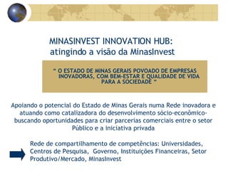 MINASINVEST INNOVATION HUB:  atingindo a visão da MinasInvest “  O ESTADO DE MINAS GERAIS POVOADO DE EMPRESAS INOVADORAS, COM BEM-ESTAR E QUALIDADE DE VIDA PARA A SOCIEDADE “ Apoiando o potencial do Estado de Minas Gerais numa Rede inovadora e atuando como catalizadora do desenvolvimento sócio-econômico- buscando oportunidades para criar parcerias comerciais entre o setor Público e a iniciativa privada Rede de compartilhamento de competências: Universidades, Centros de Pesquisa,  Governo, Instituições Financeiras, Setor Produtivo/Mercado, MinasInvest 