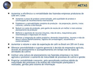 Aumentar a eficiência e a rentabilidade das fazendas-empresas produtoras de café em 3 anos Aumentar o preço do produto comercializado, pela qualidade do produto e certificações de reconhecimento internacional Estabelecer a rastreabilidade completa da produção - da preparação, plantio, tratos culturais, colheita à distribuição Reduzir os custos de produção, pelo ganho de escala de um melhor e mais extenso planejamento da produção Melhorar a aquisição de recursos (insumos, mão-de-obra, maquinários) pela intermediação e negociação em escala Otimizar a integração da cadeia produtiva: demanda (maquinários, insumos e mão-de-obra) e oferta (beneficiamento, logística de armazenagem, escoamento e comercialização) Aumentar o volume e valor da exportação de café no Brasil em 20% em 5 anos Oferecer previsibilidade e suporte gerencial à decisão do empresário agrícola, através do planejamento e acompanhamento em tempo real de todas as atividades do cultivo Instituir uma cultura de planejamento nas fazendas-empresas e no meio agrícola e promover o aumento de maturidade de processos de cultivo e gestão Propiciar rentabilidade crescente, pelo aprendizado contínuo obtido da maturidade dos processos e da análise das informações planejadas e realizadas, geridas pelo sistema de informação METAS 