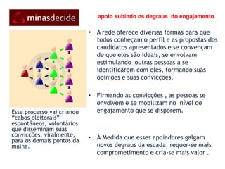       apoio subindo os degraus  do engajamento. A rede oferece diversas formas para que todos conheçam o perfil e as propostas dos candidatos apresentados e se convençam de que eles são ideais, se envolvam estimulando  outras pessoas a se identificarem com eles, formando suas opiniões e suas convicções. Firmando as convicções , as pessoas se envolvem e se mobilizam no  nível de engajamento que se disporem.   À Medida que esses apoiadores galgam novos degraus da escada, requer-se mais comprometimento e cria-se mais valor .  Esse processo vai criando “cabos eleitorais” espontâneos, voluntários que disseminam suas convicções, viralmente, para os demais pontos da malha.