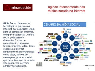 6agindointensamentenasmídiassociaisna InternetMídia Social  descreve as tecnologias e práticas na Internet que as pessoas usam para se comunicar, informar, integrar e colaborar.  A mídia social pode assumir diferentes formas de comunicação, tais como textos, imagens, vídeo. Esses espaços na Internet geralmente usam tecnologias como blogs, painéis de mensagens, podcasts, wikis que permitem que os usuários interajam com interface agradável e amigável.CENÁRIO DA MÍDIA SOCIAL