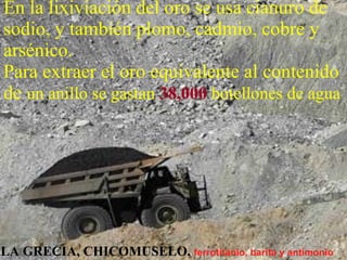 En la lixiviación del oro se usa cianuro de
sodio, y también plomo, cadmio, cobre y
arsénico.
Para extraer el oro equivalente al contenido
de un anillo se gastan 38,000 botellones de agua




LA GRECIA, CHICOMUSELO, ferrotitanio, barita y antimonio
 