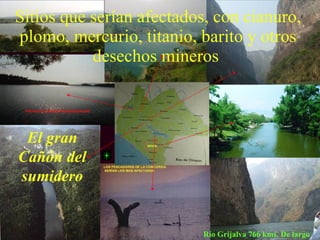 Sitios que serían afectados, con cianuro,
plomo, mercurio, titanio, barito y otros
           desechos mineros



 El gran
Cañón del
sumidero


                          Río Grijalva 766 kms. De largo
 