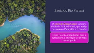 Bacia do Rio Paraná
O oeste de Minas Gerais faz parte
da Bacia do Rio Paraná, que abriga
rios como o Paranaíba e o Grande.
Esses rios são importantes para a
agricultura, a produção de energia
e a navegação.
 