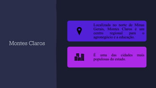 Montes Claros
Localizada no norte de Minas
Gerais, Montes Claros é um
centro regional para o
agronegócio e a educação.
É uma das cidades mais
populosas do estado.
 