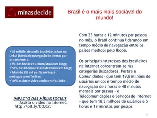 Brasil é o mais mais sociável do mundo! Com 23 horas e 12 minutos por pessoa no mês, o Brasil continua liderando em tempo médio de navegação entre os países medidos pelo Ibope.  Os principais interesses dos brasileiros na internet concentram-se nas categorias Buscadores, Portais e Comunidades - que tem 19,8 milhões de usuários únicos e tempo médio de navegação de 5 horas e 48 minutos mensais por pessoa - e Telecomunicações e Serviços de Internet - que tem 18,8 milhões de usuários e 5 horas e 19 minutos por pessoa. IMPACTO DAS MÍDIAS SOCIAIS Assista o vídeo na Internet: http://bit.ly/btQCrJ 