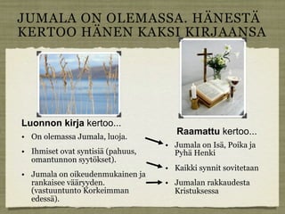 JUMALA ON OLEMASSA. HÄNESTÄ
KERTOO HÄNEN KAKSI KIRJAANSA




Luonnon kirja kertoo...
                                      Raamattu kertoo...
• On olemassa Jumala, luoja.
                                   • Jumala on Isä, Poika ja
• Ihmiset ovat syntisiä (pahuus,     Pyhä Henki
  omantunnon syytökset).
                                   • Kaikki synnit sovitetaan
• Jumala on oikeudenmukainen ja
  rankaisee vääryyden.             • Jumalan rakkaudesta
  (vastuuntunto Korkeimman           Kristuksessa
  edessä).
 