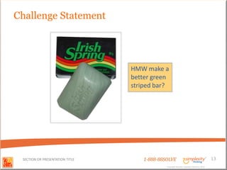 Challenge Statement




                                 HMW make a
                                 better green
                                 striped bar?




 SECTION OR PRESENTATION TITLE       1-888-88SOLVE                                        13
                                              Copyright Basadur Applied Creativity 2012
                                              Copyright Basadur Applied Creativity 2012
 
