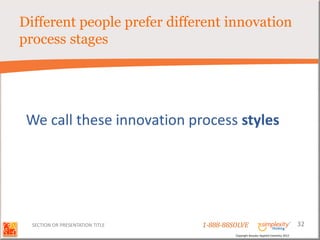 Different people prefer different innovation
process stages




 We call these innovation process styles




  SECTION OR PRESENTATION TITLE   1-888-88SOLVE                                        32
                                           Copyright Basadur Applied Creativity 2012
 