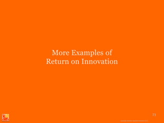 More Examples of
Return on Innovation




                1-888-88SOLVE                                        73
                         Copyright Basadur Applied Creativity 2012
                         Copyright Basadur Applied Creativity 2012
 