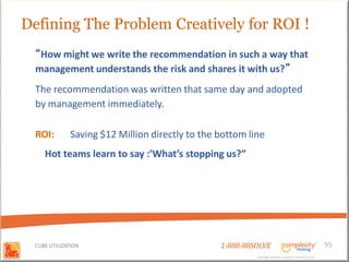Defining The Problem Creatively for ROI !
  “How might we write the recommendation in such a way that
  management understands the risk and shares it with us?”
  The recommendation was written that same day and adopted
  by management immediately.

  ROI:       Saving $12 Million directly to the bottom line
    Hot teams learn to say :’What’s stopping us?”




 CUBE UTILIZATION                               1-888-88SOLVE                                        95
                                                         Copyright Basadur Applied Creativity 2012
                                                         Copyright Basadur Applied Creativity 2012
 