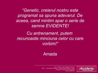 “ Genetic, creierul nostru este programat sa spuna adevarul. De aceea, cand mintim apar o serie de semne EVIDENTE! Cu antrenament, putem  recunoaste minciuna celor cu care vorbim!” Amada Top 7 gesturi care tradeaza minciuna 2010  - Copyright Accelera® - Amada BALTATEANU, Senior Consultant, Expert Body Language www.accelera.ro  
