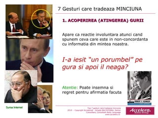 1. ACOPERIREA (ATINGEREA) GURII Apare ca reactie involuntara atunci cand spunem ceva care este in non-concordanta cu informatia din mintea noastra. I-a iesit “un porumbel” pe gura si apoi il neaga? Atentie:  Poate insemna si  regret pentru afirmatia facuta Top 7 gesturi care tradeaza minciuna 2010  - Copyright Accelera® - Amada BALTATEANU, Senior Consultant,  Consultant  Body Language www.accelera.ro  Sursa Internet 7 Gesturi care tradeaza MINCIUNA  
