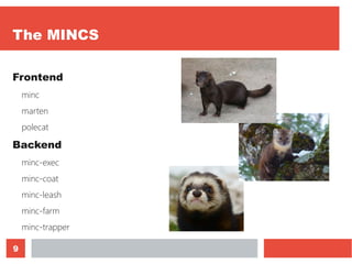 9
The MINCS
Frontend
minc
marten
polecat
Backend
minc-exec
minc-coat
minc-leash
minc-farm
minc-trapper
 