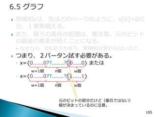 累積和xは、先ほどのページのように、x[0]=0の 分、１要素増える。 
また、後ろの番兵の処理は、要注意。元のビット の最後の要素が続くことになる。 
◦なぜなら、0を足すかぎり、累積和は変わらないので。 
つまり、２パータン試す必要がある。 
◦x={0......0??.......?00.....0} または 
◦x={0......0??.......?11.....1} 
105 
w+1個 
w個 
n個 
w+1個 
w個 
n個 
元のビットの部分だけど（番兵ではない） 値が決まっているのに注意。  