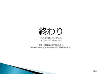 124 
終わり ここまで読んでくださり ありがとうございました 質問・提案などありましたら Twitterの@nico_shindanninまでお願いします。  