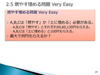 19 
燃やす埋める問題 Very Easy 
A,B,Cは「燃やす」か「土に埋める」必要がある。 
◦A,B,Cは「燃やす」とそれぞれ50,60,130円もらえる。 
◦A,B,Cは「土に埋める」と100円もらえる。 
最大で何円もらえるか？  