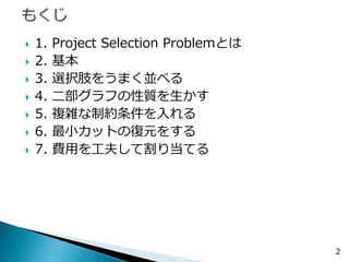 1. 燃やす埋める問題とは 
2. 基本 
3. 選択肢をうまく並べる 
4. 二部グラフの性質を生かす 
5. 複雑な制約条件を入れる 
6. 最小カットの復元をする 
7. 費用を工夫して割り当てる 
2  