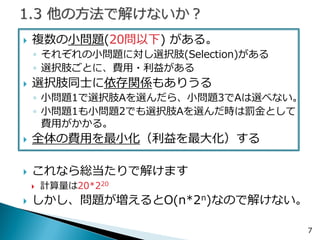 複数の小問題(20問以下) がある。 
◦それぞれの小問題に対し選択肢(Selection)がある 
◦選択肢ごとに、費用・利益がある 
選択肢同士に依存関係もありうる 
◦小問題1で選択肢Aを選んだら、小問題3でAは選べない。 
◦小問題1も小問題2でも選択肢Aを選んだ時は罰金として 費用がかかる。 
全体の費用を最小化（利益を最大化）する 
これなら総当たりで解けます 
計算量は20*220 
しかし、問題が増えるとO(n*2n)なので解けない。 
7  