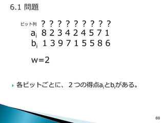 各ビットごとに、２つの得点aiとbiがある。 
88 
？？？？？？？？？ 
ai 8 2 3 4 2 4 5 7 1 
bi 1 3 9 7 1 5 5 8 6 
w=2 
ビット列  