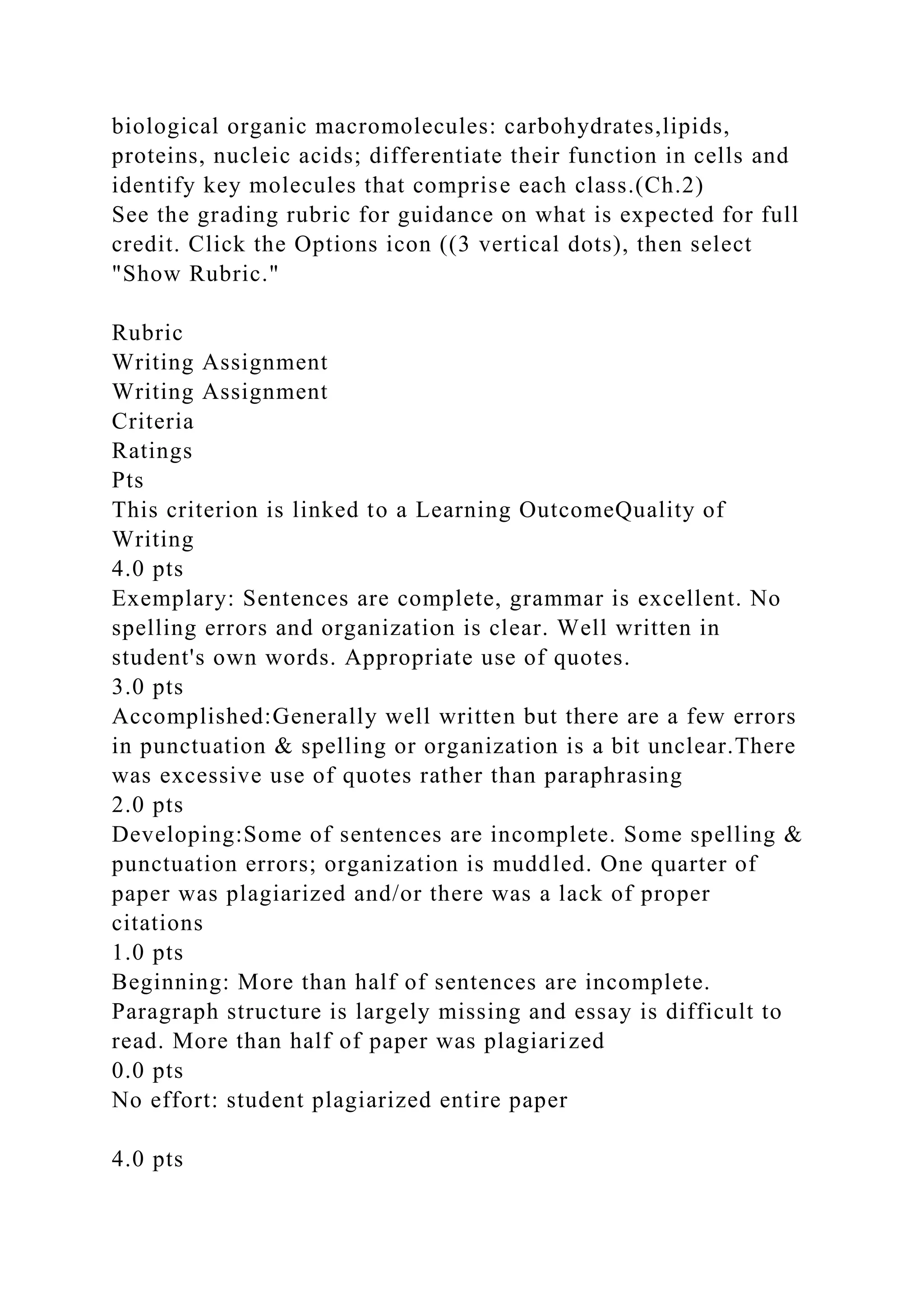 biological organic macromolecules: carbohydrates,lipids,
proteins, nucleic acids; differentiate their function in cells and
identify key molecules that comprise each class.(Ch.2)
See the grading rubric for guidance on what is expected for full
credit. Click the Options icon ((3 vertical dots), then select
"Show Rubric."
Rubric
Writing Assignment
Writing Assignment
Criteria
Ratings
Pts
This criterion is linked to a Learning OutcomeQuality of
Writing
4.0 pts
Exemplary: Sentences are complete, grammar is excellent. No
spelling errors and organization is clear. Well written in
student's own words. Appropriate use of quotes.
3.0 pts
Accomplished:Generally well written but there are a few errors
in punctuation & spelling or organization is a bit unclear.There
was excessive use of quotes rather than paraphrasing
2.0 pts
Developing:Some of sentences are incomplete. Some spelling &
punctuation errors; organization is muddled. One quarter of
paper was plagiarized and/or there was a lack of proper
citations
1.0 pts
Beginning: More than half of sentences are incomplete.
Paragraph structure is largely missing and essay is difficult to
read. More than half of paper was plagiarized
0.0 pts
No effort: student plagiarized entire paper
4.0 pts
 