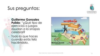 Sus preguntas:
• Guillermo Gonzales
Pulido: “¿Qué tipo de
ejercicios o juegos
ayudan a la sinapsis
cerebral?
• Todo lo que haces
cuando estás feliz
haciéndolo.
13
https://extension.missouri.edu/publications/n388
 