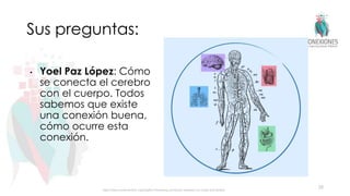 Sus preguntas:
• Yoel Paz López: Cómo
se conecta el cerebro
con el cuerpo. Todos
sabemos que existe
una conexión buena,
cómo ocurre esta
conexión.
25
https://www.sunshineclinic.org/blog/the-interesting-connection-between-our-minds-and-bodies/
 
