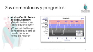 Sus comentarios y preguntas:
• Martha Cecilia Ponce
de León Albarran:
¿Puede hablar más
sobre el sueño REM?
• ¿Con cuánto tiempo
considera que esto se
puede hacer en
forma de hábito?
37
https://www.catalystathletics.com/article/1845/Understanding-Sleep-for-Optimal-Recovery-Productivity/
 