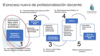 • Información
falsa sobre
el cerebro y
aprendizaje
Actitudes y
Prejucios
(Neuromitos)
• Aspectos
universales del
aprendizaje
Principios
MCE
• Aspectos
individua-
lizados del
aprendizaje
Postulados
(Tenets) MCE
• Influencias
sociales en
patrones y
categorización
• Elementos
afectivos del
aprendizaje
Cultura
• Qué debe
ocurrir en el
aula
Guía de
Instrucción
MCE
El proceso nuevo de profesionalización docente:
9
Tokuhama-Espinosa 2017
1
2
3
4
5
Ej., “Hay gente dominada por su cerebro
derecho y otras por su cerebro izquierdo”
Ej., “Todo aprendizaje nuevo pasa por el filtro
de experiencias pasadas”
Ej., “Dormir y soñar influye
en el aprendizaje”
Ej., Representaciones simbólicas en
diferentes culturas
Mejores prácticas basadas en
evidencia
 