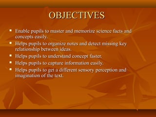 OBJECTIVES
   Enable pupils to master and memorize science facts and
    concepts easily.
   Helps pupils to organize notes and detect missing key
    relationship between ideas.
   Helps pupils to understand concept faster.
   Helps pupils to capture information easily.
   Helps pupils to get a different sensory perception and
    imagination of the text.
 